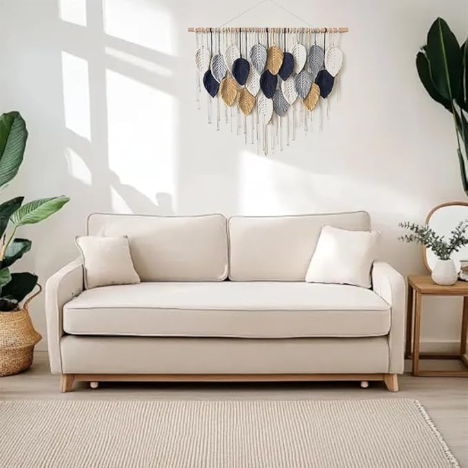 VEKALON Macrame Wall Art Tapestry - Large Boho Chic Woven Wall Hanging Decor for Bedroom, Modern Bohemian Leaf-Shaped Decorations for Office, Living Room, Bathroom(Navy Blue)