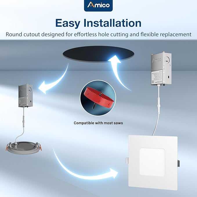 Amico 6 Pack 4 Inch Ultra-Thin LED Square Recessed Light with Junction Box, 5CCT 2700K/3000K/3500K/4000K/5000K Selectable, 700LM Brightness, Dimmable Canless Wafer Downlight, 10W, ETL&FCC
