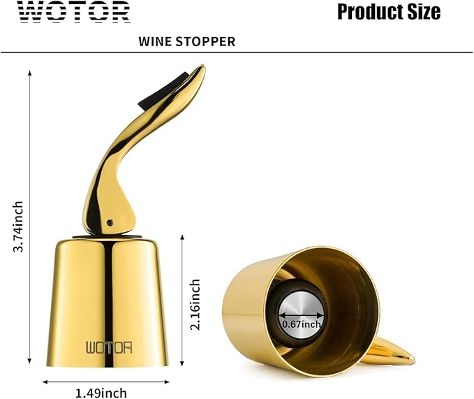 Stainless Steel Wine Bottle Stoppers with Silicone - Reusable Wine Saver and Decorative Bottle Sealer, Leakproof, Keep Fresh, Gold, 2 Pack