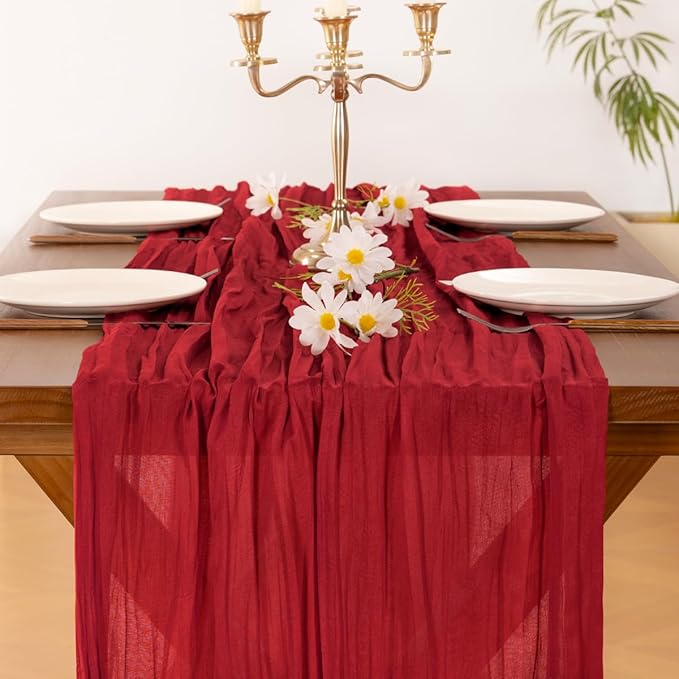 Socomi 6pcs Red Cheesecloth Table Runner Boho Rustic Gauze 120 inch 10FT Cheese Cloth Runner for Wedding Party Baby Shower Birthday Home Decor Holiday Decorations