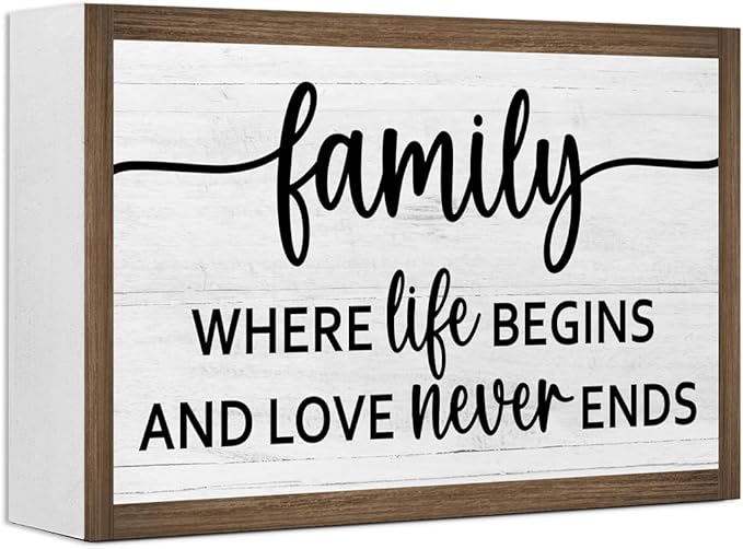Family Where Life Begins and Love Never Ends Wooden Box Sign Desk Decor,Family Saying Wood Block Sign for Home Farmhouse Bedroom Shelf Tabletop Wall Decor