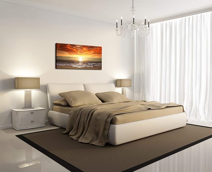 Baisuart-S0162 Canvas Prints Wall Art Sunset Ocean Beach Pictures Photo Paintings for Living Room Bedroom Home Decorations Modern Stretched and Framed Seascape Waves Landscape Giclee Artwork