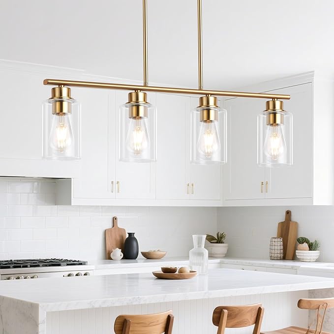 Kitchen Island Light, 4-Light Pendant Lighting, Farmhouse Industrial Dining Room Light Fixtures for Kitchen Island Dining Living Room, Brushed Gold with Clear Glass Shade