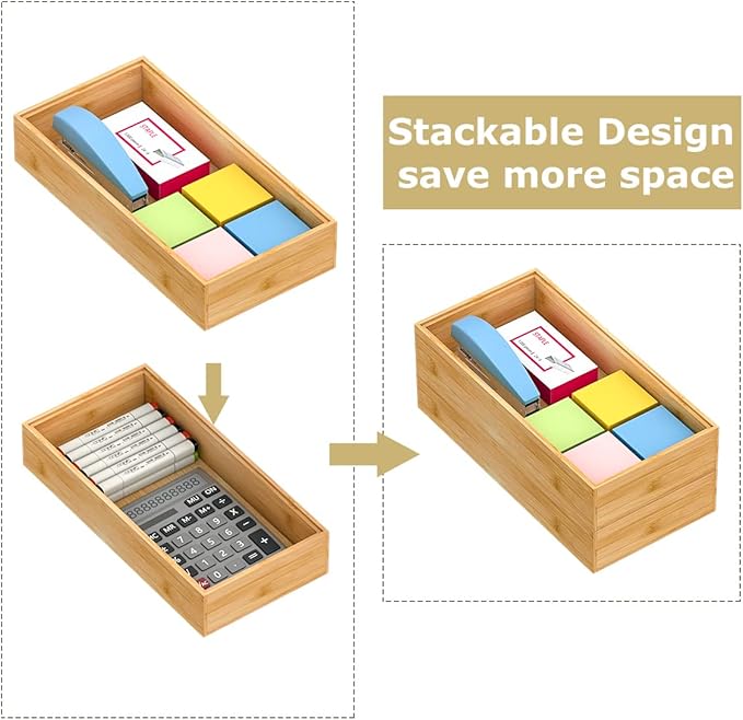 Bamboo Kitchen Drawer Organizer,Stackable Silverware Tray Utensil Organizer Cutlery Holder for Kitchen,Wooden Storage Box for Bathroom, Multi-Use Drawer Organizer for Office,Makeup(12x6x2.5 inch）