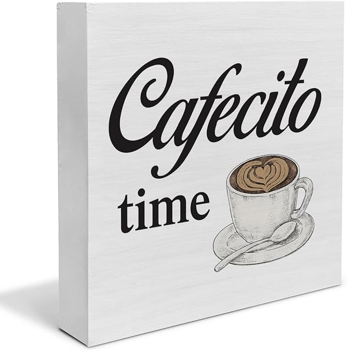 Country Cafecito Time Wood Box Sign Decor Desk Sign Coffee Caffeine Lover Wooden Box Block Sign Rustic Home Kitchen Shelf Tabletop Wall Decoration
