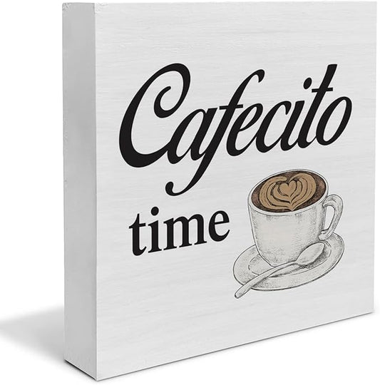 Country Cafecito Time Wood Box Sign Decor Desk Sign Coffee Caffeine Lover Wooden Box Block Sign Rustic Home Kitchen Shelf Tabletop Wall Decoration