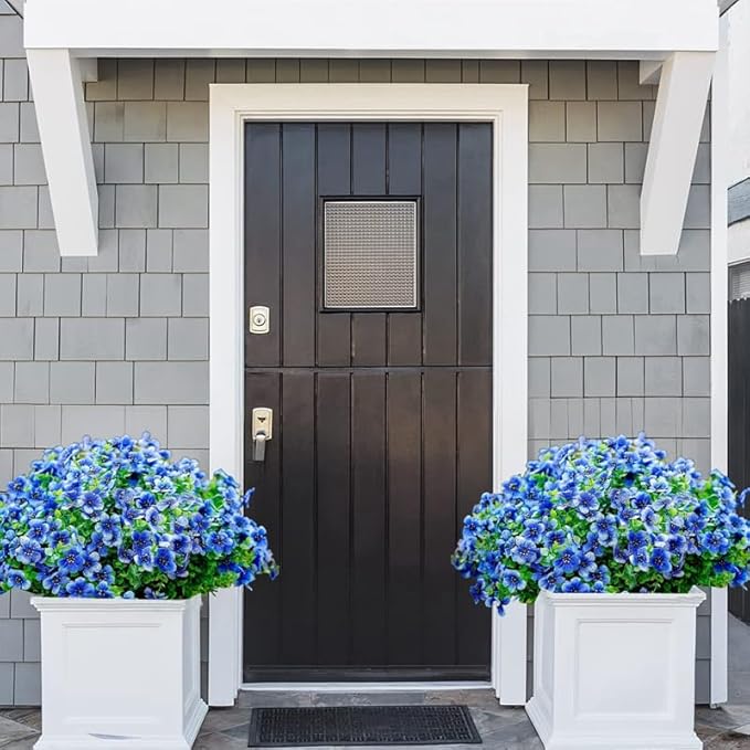 Artificial Faux Plants Flowers Outdoor Spring Summer Decoration, 16 Bundles Artificial Flowers Outdoor UV Resistant Fake Plastic Flowers Faux Plants for Planter Porch Patio Decor (16, Blue)