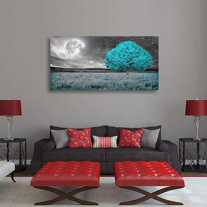 Tree of Life Wall Art Picture Canvas Prints Room Wall Décor Blue Tree with Full Moon Paintings for Living Room Bathroom Bedroom Home Kitchen Decorations Natural Artwork Wooden Framed 28x57inches