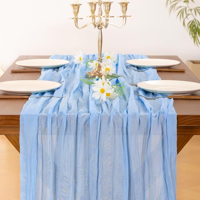 Socomi 10pcs Blue Fall Thanksgiving Cheesecloth Table Runner Light Blue Boho Rustic Gauze 120 inch 10FT Cheese Cloth Runner for Wedding Party Baby Shower Birthday Home Decor Holiday Decorations