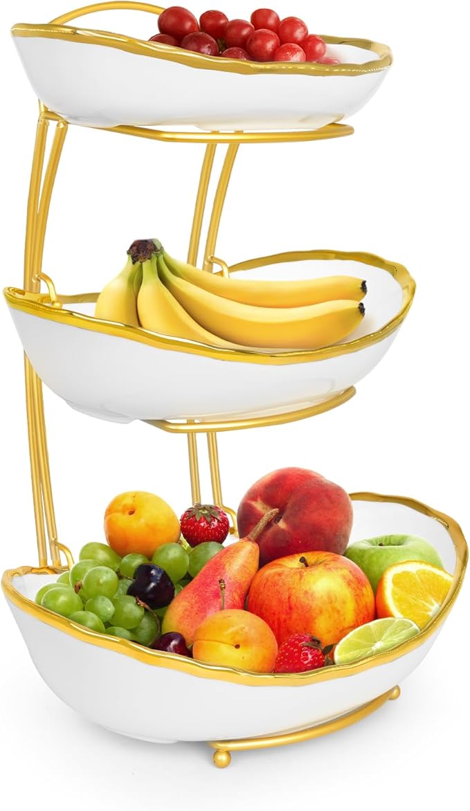3 Tier Fruit Bowl for Kitchen Counter, Ceramic Serving Bowls with Gold Metal Stand, Tiered Fruit Basket Display Rack for Fruits Vegetable Snack Nuts Cake Dessert Storage