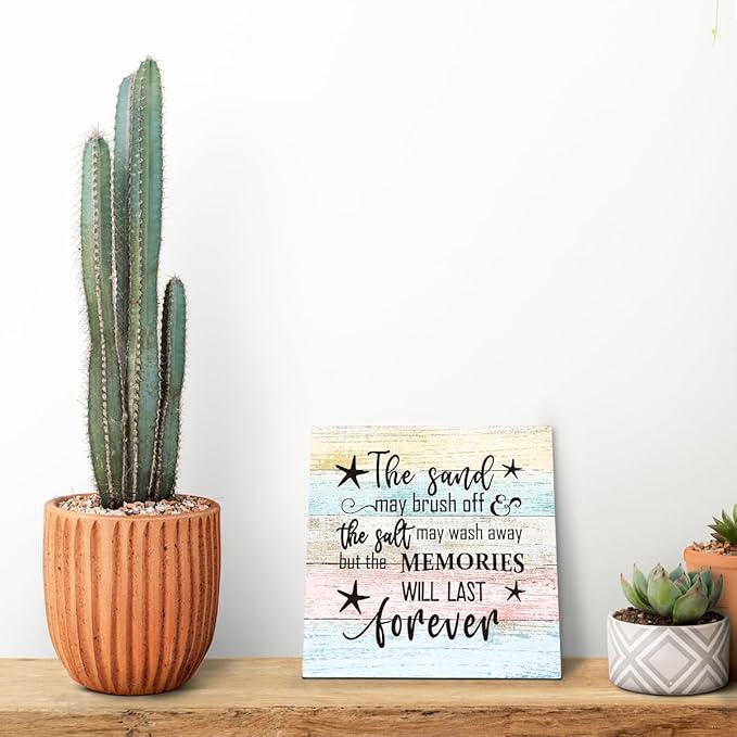 Beach Wood Sign, “The Sand May Brush Off the Salt May Wash Away but the Memories Will Last Forever”, Wooden Plaque Table Art Sign, Ocean Theme Home Decorations, Coastal House Decor, Family Sign A