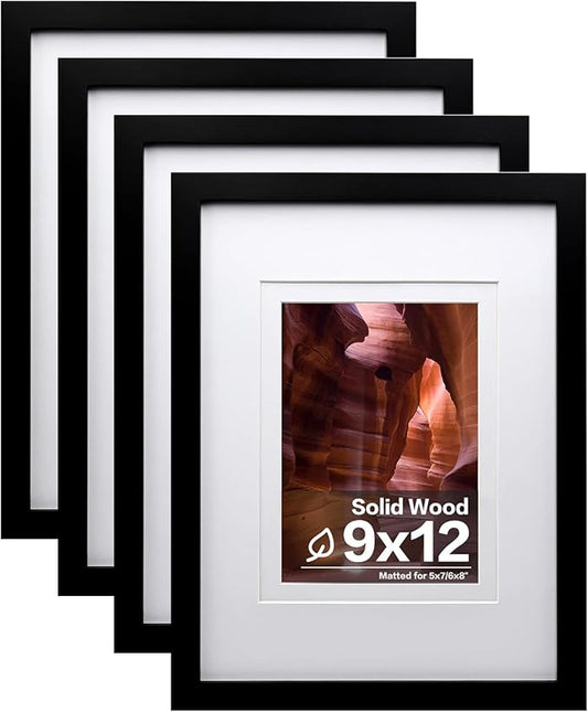 Egofine 9x12 Picture Frames Set of 4, Made of Solid Wood Covered by Plexiglass 5x7 and 6x8 with Mat or 9x12 without Mat, for Table Top Display and Wall Mounting Photo Frame Black