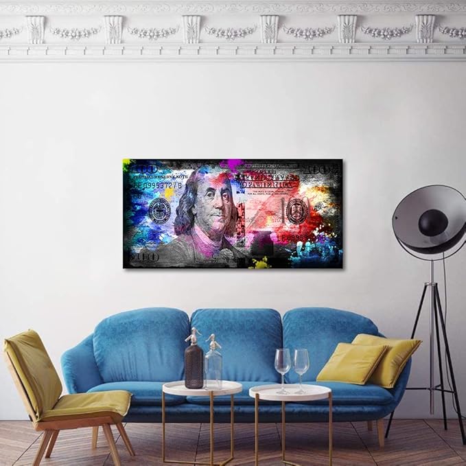 Colorful 100 Dollars Bill Wall Art Canvas Panintings Inspirational Wall Art Money Pop Art Entrepreneur Motivational 100 Bill Cash Benjamin Franklin Dollar Office Home Decor Wooden Framed-48"Wx24"H
