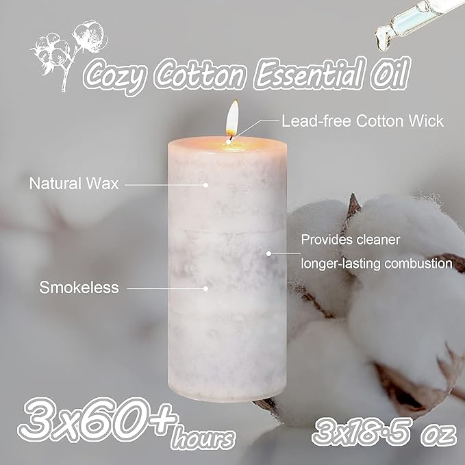 3x6 inch Pillar Candles Cozy Cotton Scented Set of 3 Gray White Layered Mottled Aromatherapy Candles for Weddings Home Wall Shelf Decorations Yoga Spa Dinner Table