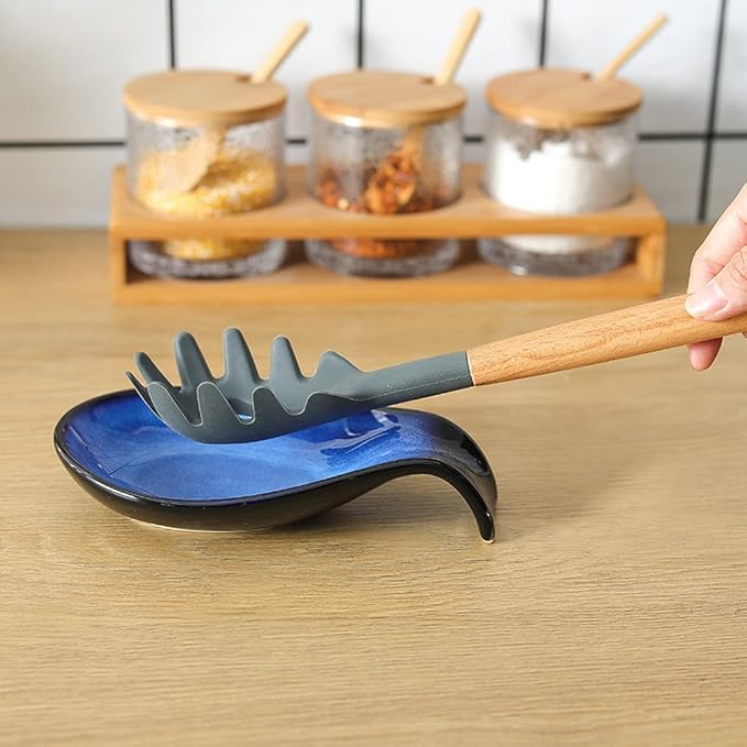 Nihow Kitchen Utensil Holder and Spoon Rest: Ceramic Utensil Holder for Countertop - Stable Utensil Crock for Kitchen Counter Decor - Elegant Blue & Black