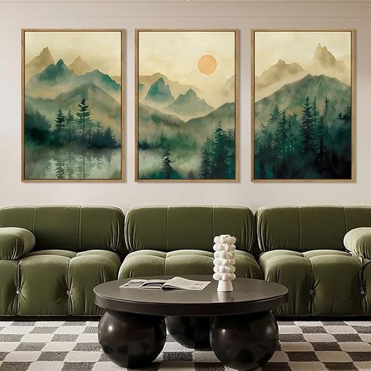 IARTTOP Large Mountain Canvas Wall Art Framed 24x36 Inch Foggy Forest Green Landscape Art Prints Nature Landscape Wall Decor for Living Room Bedroom Office Set of 3