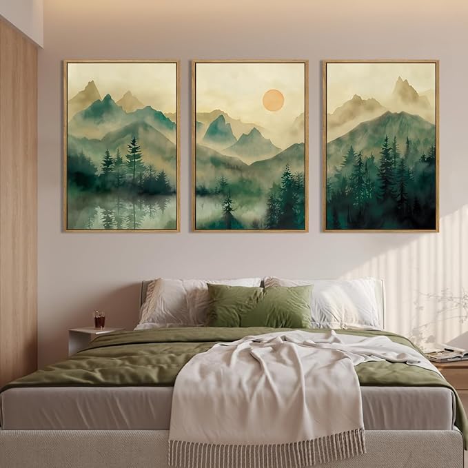 IARTTOP Large Mountain Canvas Wall Art Framed 24x36 Inch Foggy Forest Green Landscape Art Prints Nature Landscape Wall Decor for Living Room Bedroom Office Set of 3