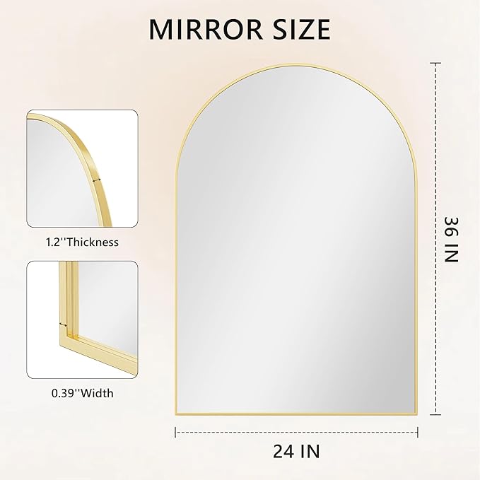 Arched Wall-Mounted Mirror, 24"x36" Arch Bathroom Mirror, Gold Vanity Mirror for Wall Décor, Wall Mirror with Metal Frame for Bedroom, Entryway, Living Room, Brushed Gold