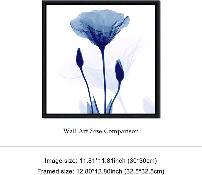 Pyradecor Black Framed Canvas Wall Art Blue Flickering Flower Modern Grace Floral Paintings Pictures on Canvas Prints for Bedroom Office Home Decorations