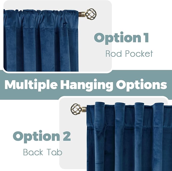 BGment Blue Velvet Curtains 90 Inches for Living Room, Thermal Insulated Blackout Curtains Room Darkening Drapes with Back Tab and Rod Pocket for Bedroom, Set of 2 Panels, 52 x 90 Inch