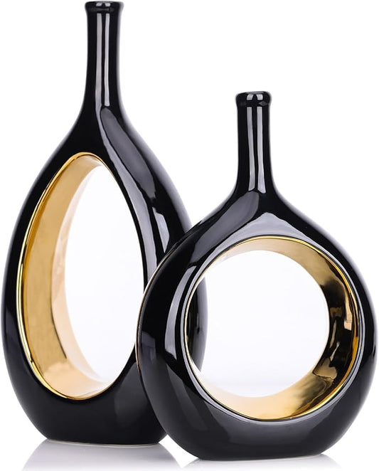 Black and Gold Vase Ceramic Black Vases Home Decor,Modern Minimalist Circle with Hole Decorative Vase, Hollow Ellipse Flower vases for Bookshelf, Fireplace Mantle, Centerpieces,Farmhouse,Rustic Décor