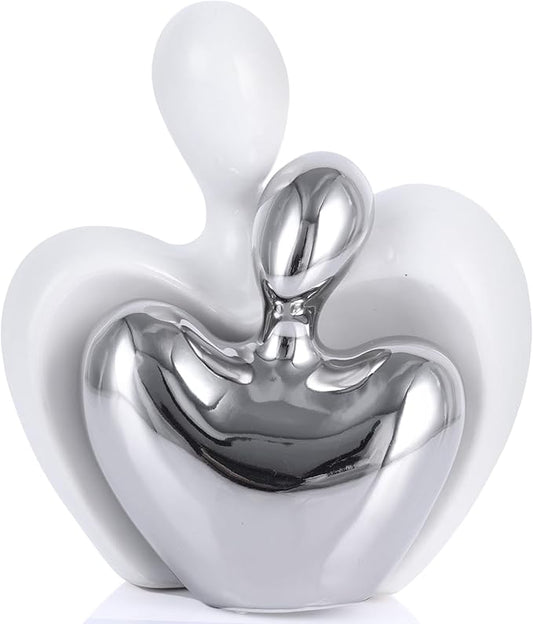 White and Silver Mini Ceramic Couple Sculpture, Romantic Love Decorative Statue, Couple, Silver Home Decor, Suitable for Dresser, Bookshelf, Office, Coffee Table Desktop Decoration.