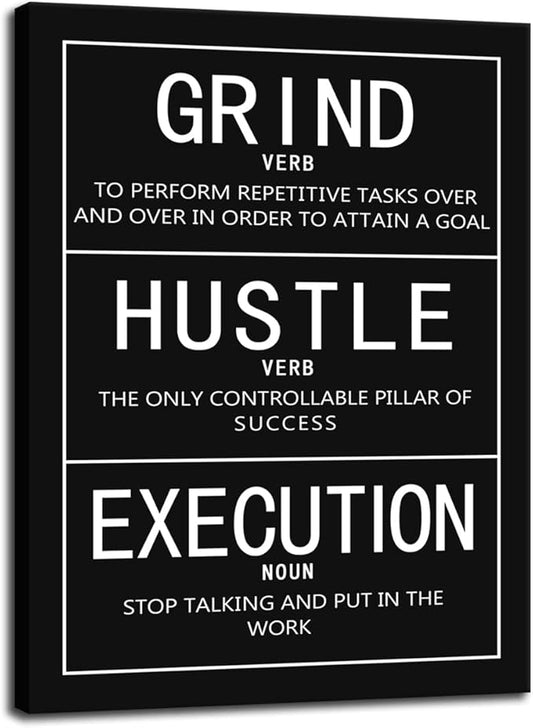 Office Decor Inspirational Canvas Wall Art Inspirational Quotes Grind Verb Hustle Verb Execution Noun Painting Poster Print Artwork Classroom Living Room Wall Decor Frame Ready to Hang[30″W X 40″H]