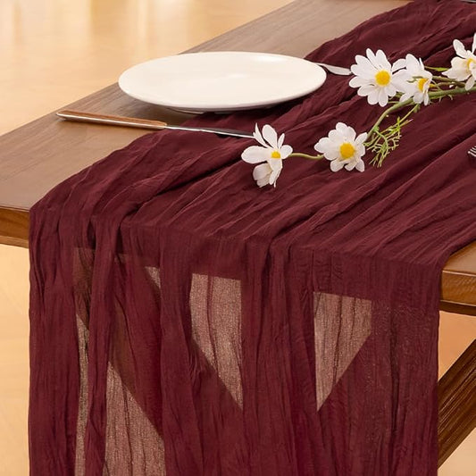 Socomi Burgundy Red Fall Thanksgiving Cheesecloth Table Runner Boho Rustic Gauze 120 inch 10FT Cheese Cloth Runner for Wedding Party Baby Shower Birthday Home Decor Holiday Decorations