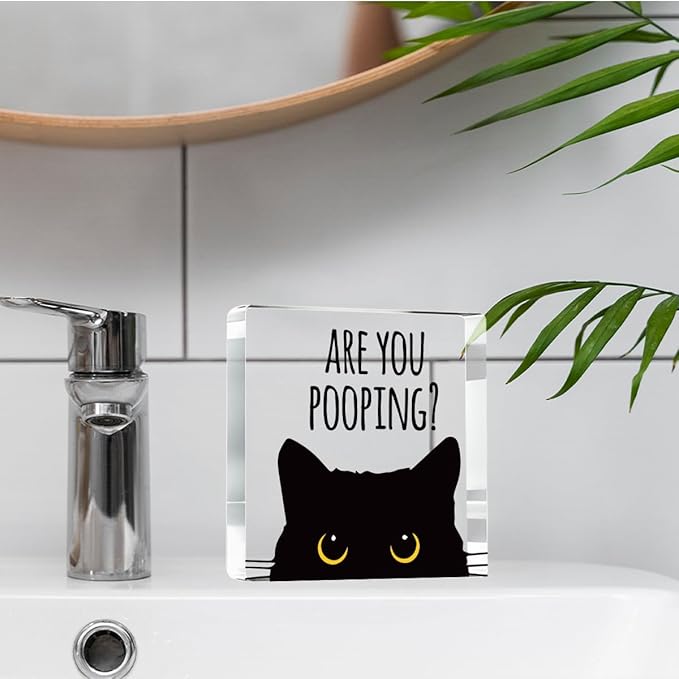 Are You Pooping Funny Sign，Black Cat Decor， Cat Bathroom Decor，Home Decor Bathroom Acrylic Creative Gift Cat Gifts for Women Cat Lovers，Funny Decorate Retro for Home Toilet 4x4 Inches