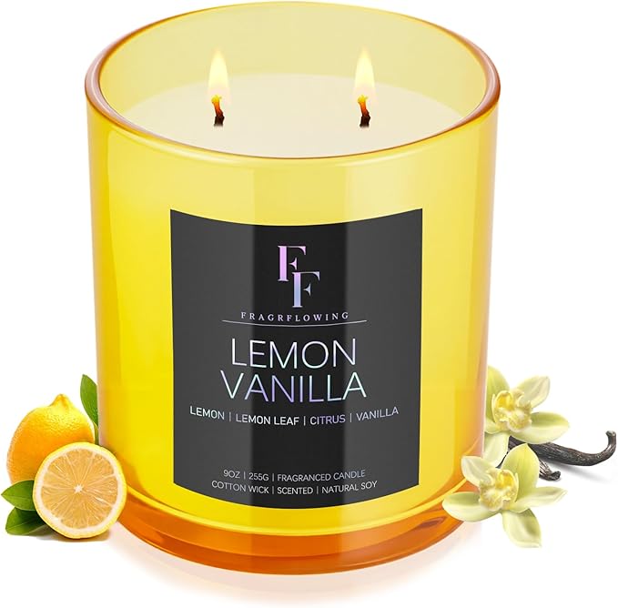 Lemon Vanilla Scented Candle, 2-Wick Luxury Soy Wax Candle, 9 oz Aromatherapy Candle Home Fragrance Candles Gift