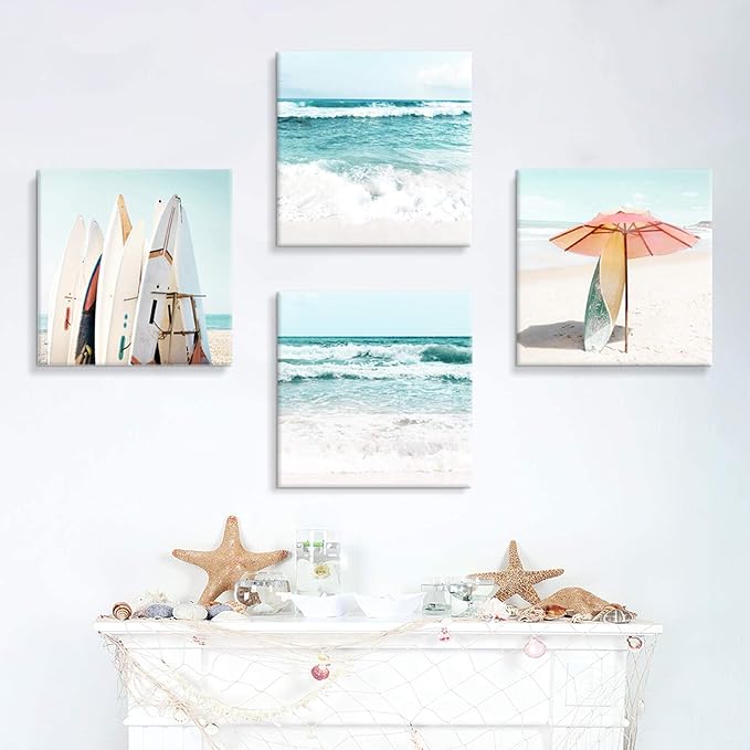 Beach Canvas Wall Art Painting: Summer Surfboard and Umbrella on Beach Picture Print for Living Room (16'' x 16'' x 4 Panels)