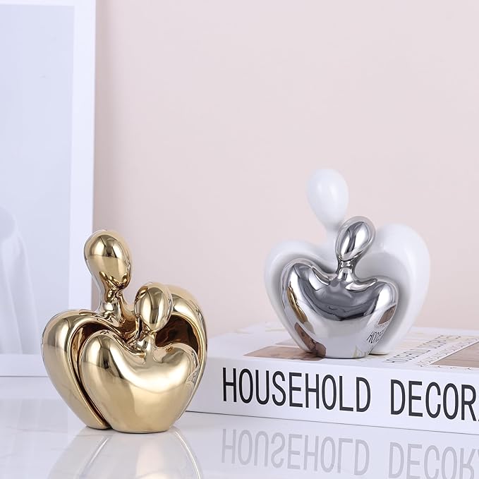 DOVDOV Gold mini Ceramic Couple Sculpture, Romantic Love Decorative Statue, Couple, Gold Home Decor Accents, Suitable for Dresser, Bookshelf, Office, Coffee Table Desktop Decoration.