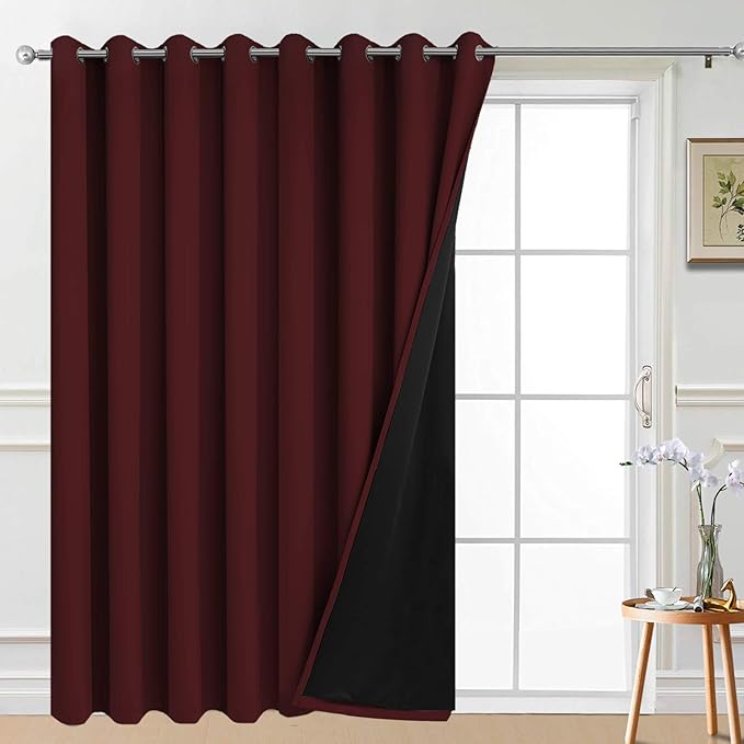 Yakamok 100% Blackout Extra Wide Thermal Insulated Curtains, Total Shade Patio Door Curtain, Full Light Shading Sliding Door Drape Room Divider for Bedroom, Burgundy Red, W100 x L96, 1 Panel