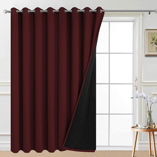 Yakamok 100% Blackout Extra Wide Thermal Insulated Curtains, Total Shade Patio Door Curtain, Full Light Shading Sliding Door Drape Room Divider for Bedroom, Burgundy Red, W100 x L96, 1 Panel