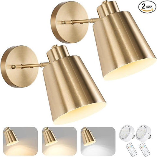 Battery Operated Wall Sconces Set of 2, Dimmable LED Wall Lights with Remote Control, Indoor Sconce Wall Lighting 3000K/4000K/6000K Adjustable Gold Wall Mounted Lamps for Bedroom Living Room Hallway
