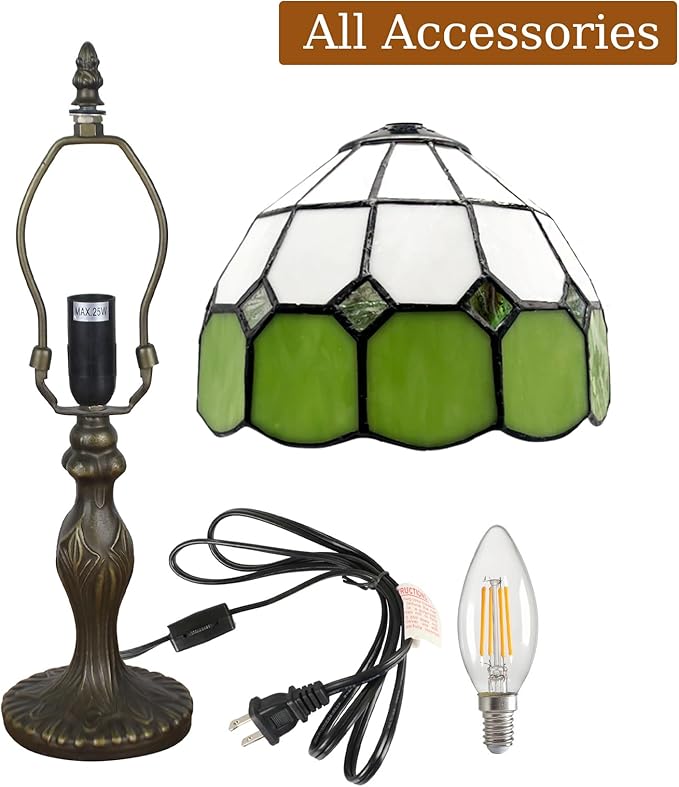 Tiffany-Style 8 Inch Table Lamp Mediterranean Series Stained Glass Lampshades Small Bedside Lamp Reading Antique Desk Light Livingroom Bedroom Office Vintage Art Deco Victorian(Color:Green)