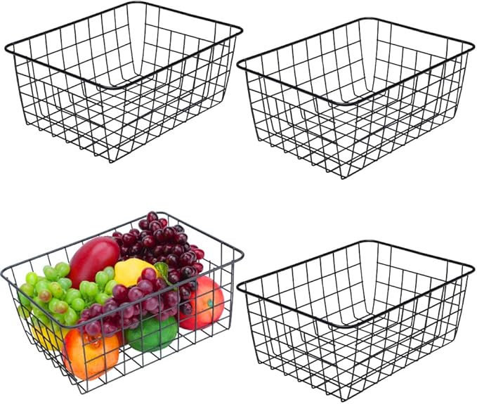 LeleCAT Wire Baskets with Handles Wire Storage Organizer Bin Baskets, Pantry, Closets, Bedrooms - Set of 2（Black）
