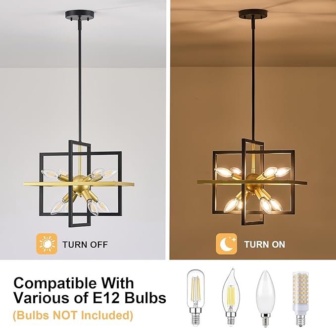 Small Modern Lantern Chandeliers, Geometric Black Gold Pendant Light Fixture, 8-Light Industrial Hanging Chandelier for Dining Room, Kitchen, Bedroom, Foyer, Entryway-UL Listed