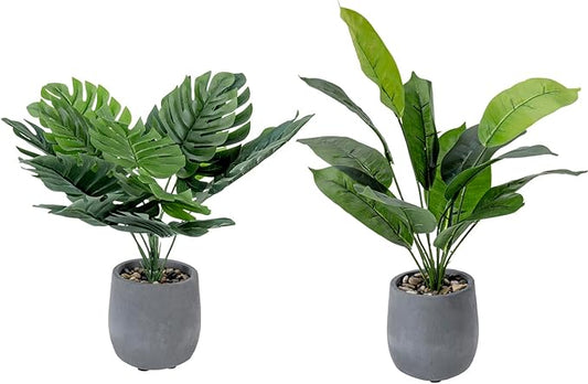 MyGift 16 Inch Tall Artificial Monstera and Banana Leaf Plant in Gray Concrete Planter Pots, Decorative Tabletop Faux Greenery Potted Indoor Plants, 2 Piece Set