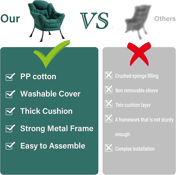 Lazy Chair for Living Room, Modern Accent Chairs with Armrests, Comfy Lounge Chair with Side Pocket, Cozy Lazy Sofa for Reading, Balcony, Bedroom, Dorm, Small Spaces (Dark Green)