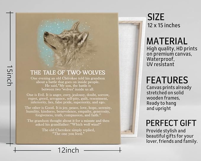 Wolf Poster, The Tale of Two Wolves, Canvas Wall Art Inspirational Quote Decor, Wolf Décor, Wolf Gifts, Canvas Prints Poster Wall Art (Khaki)