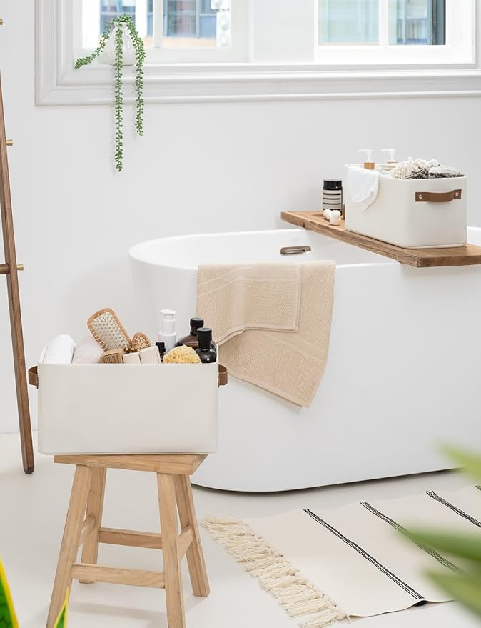 StorageWorks Narrow Storage Bins, Small Basket for Closet and Shelves, Rectangular Fabric Organizer with Handles, Toilet Paper Storage, Beige, 2-Pack