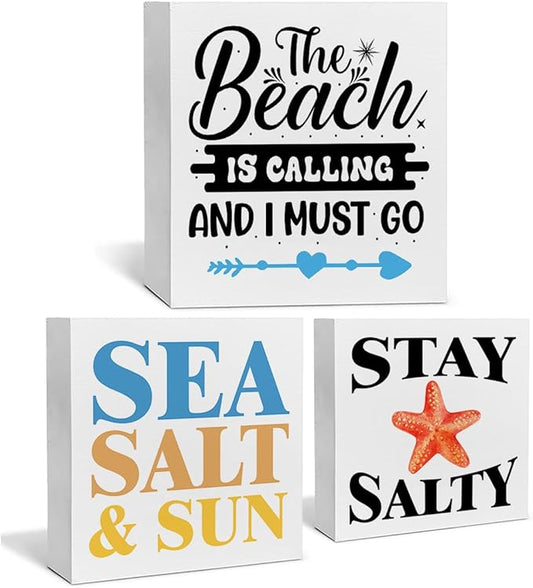 Summer Beach Decor for Home Farmhouse Tiered Tray Decor Beach House 3 Pcs Decorative Wood Box Signs Table Desk Shelf Decoration