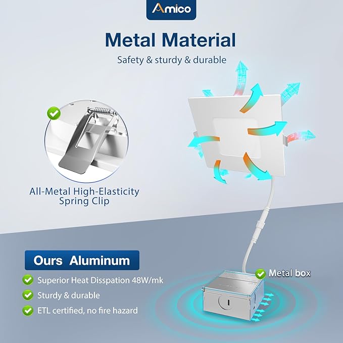 Amico 6 Pack 4 Inch Ultra-Thin LED Square Recessed Light with Junction Box, 5CCT 2700K/3000K/3500K/4000K/5000K Selectable, 700LM Brightness, Dimmable Canless Wafer Downlight, 10W, ETL&FCC