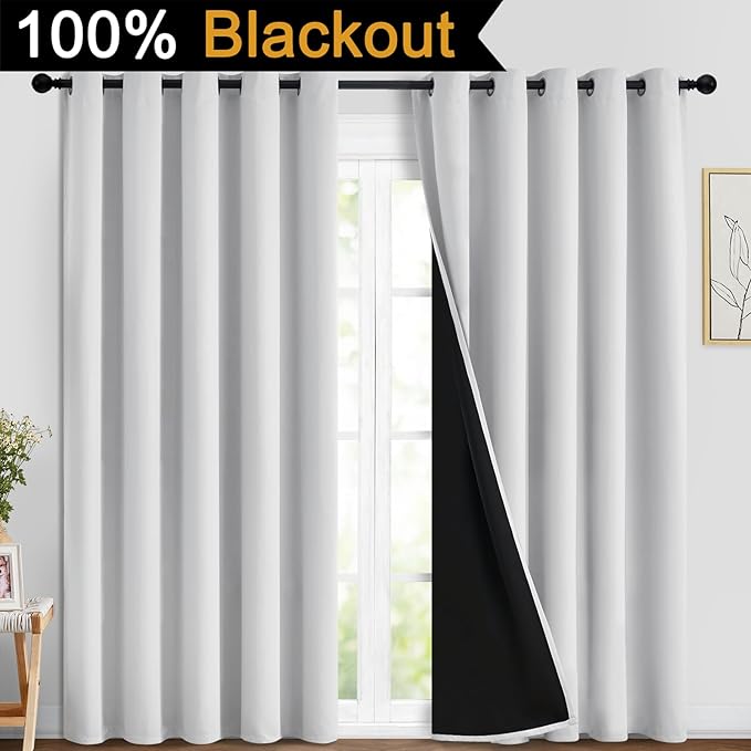 Yakamok 100% Blackout Curtains 84 Inches Long, 2 Thick Layers Heat and Full Light Blocking Soft Thermal Insulated Drapes for Bedroom(70" Wide Each Panel, Greyish White, 2 Panels)