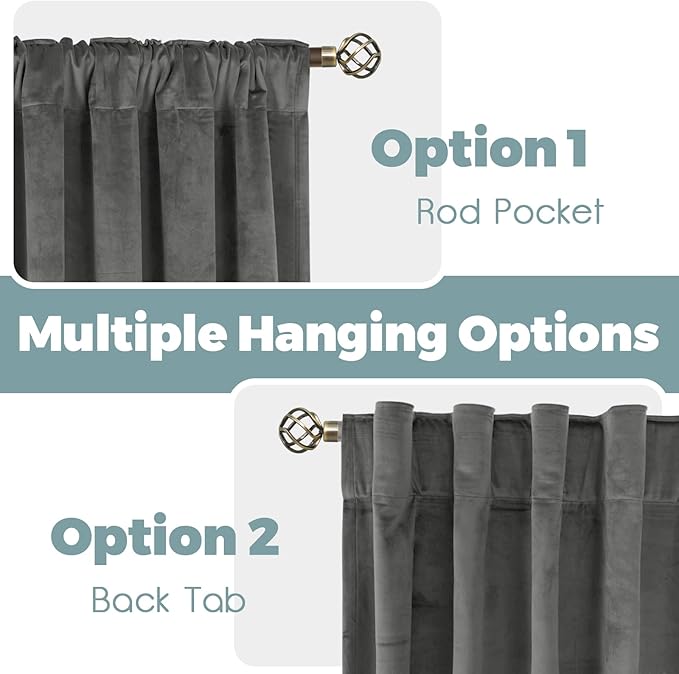 BGment Grey Velvet Curtains 96 Inches for Living Room, Thermal Insulated Blackout Curtains Room Darkening Drapes with Back Tab and Rod Pocket for French Door, Set of 2 Panels, 52 x 96 Inch