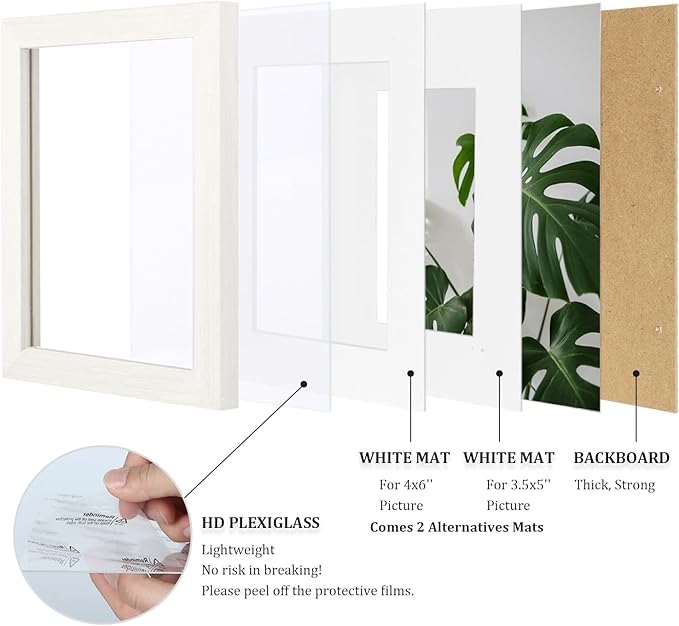 Egofine 5x7 Picture Frames Set of 4, Made of Solid Wood Covered by Plexiglass 3.5x5 and 4x6 with Mat or 5x7 without Mat, for Table Top Display and Wall Mounting Photo Frame Beige