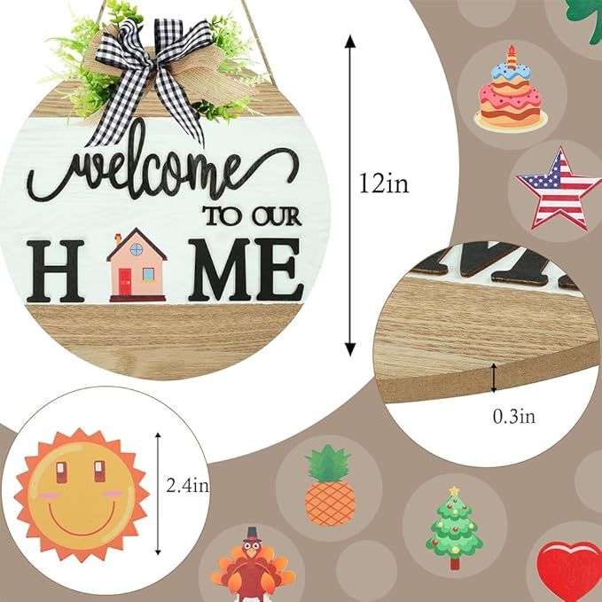 Interchangeable Welcome Sign for Front Door with 4 Seasonal Wreaths and 14 Changeable Icons, Farmhouse Front Porch Décor, Front Door Decoration, Seasonal Rustic Wooden Wall Sign home décor (7wood)