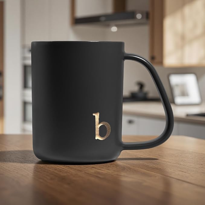 COLLECTIVE HOME - Ergonomic Handle Ceramic Mug, 15 oz Personalized Coffee Cup with Golden Initial, Microwave & Dishwasher Safe, Elegant Monogram Tea Mug in Gift Box for Home & Office (Black-b)