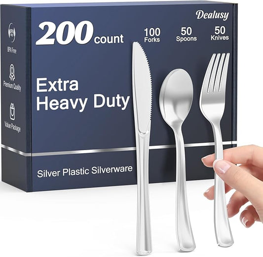 200 Count Heavy Duty Silver Plastic Silverware, 100 Forks, 50 Spoons, 50 Knives, BPA-Free, Heat Resistant, Disposable Plastic Utensils Set Cutlery Set, Plasticware Bulk
